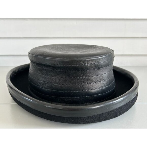 Kokin Womens Black Leather Trim Wool Avant Garde Round Crown Designer Hat - Picture 3 of 7